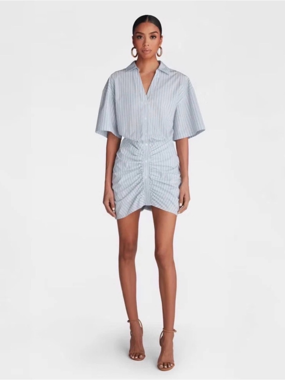 Striped Light Blue Mini Dress with Ruched Skirt b220